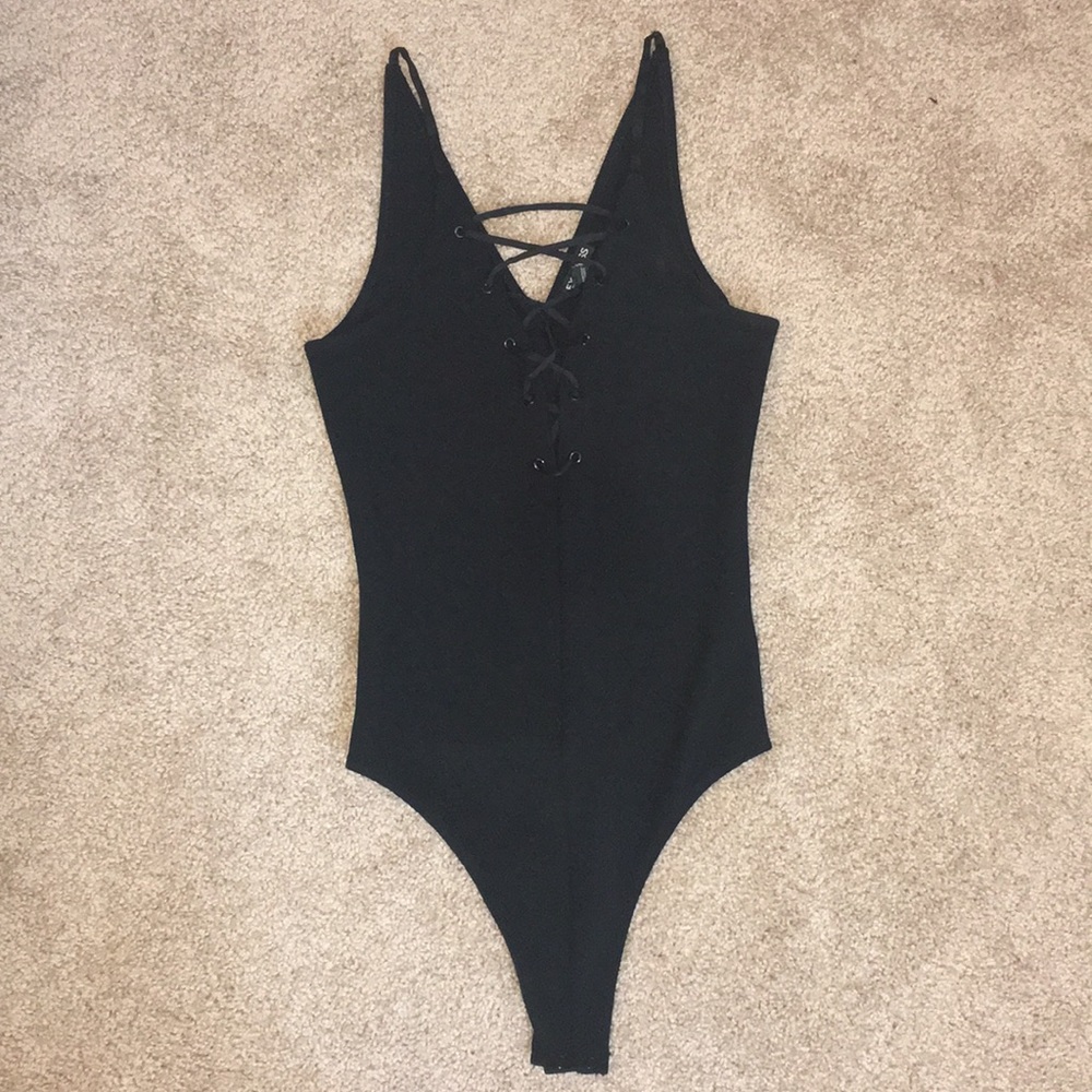 Express Deep Vneck with lace thong bodysuit.
